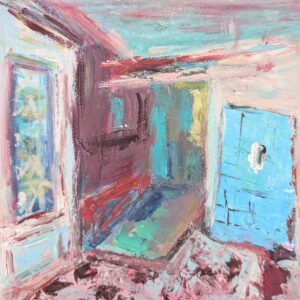 The pink dream - Colorful painting by LACE (Leonoor) Ruigrok. Inspired by a Budapest Hospital - Hotel story. Suspects are a colorful open door, floor and red walls.