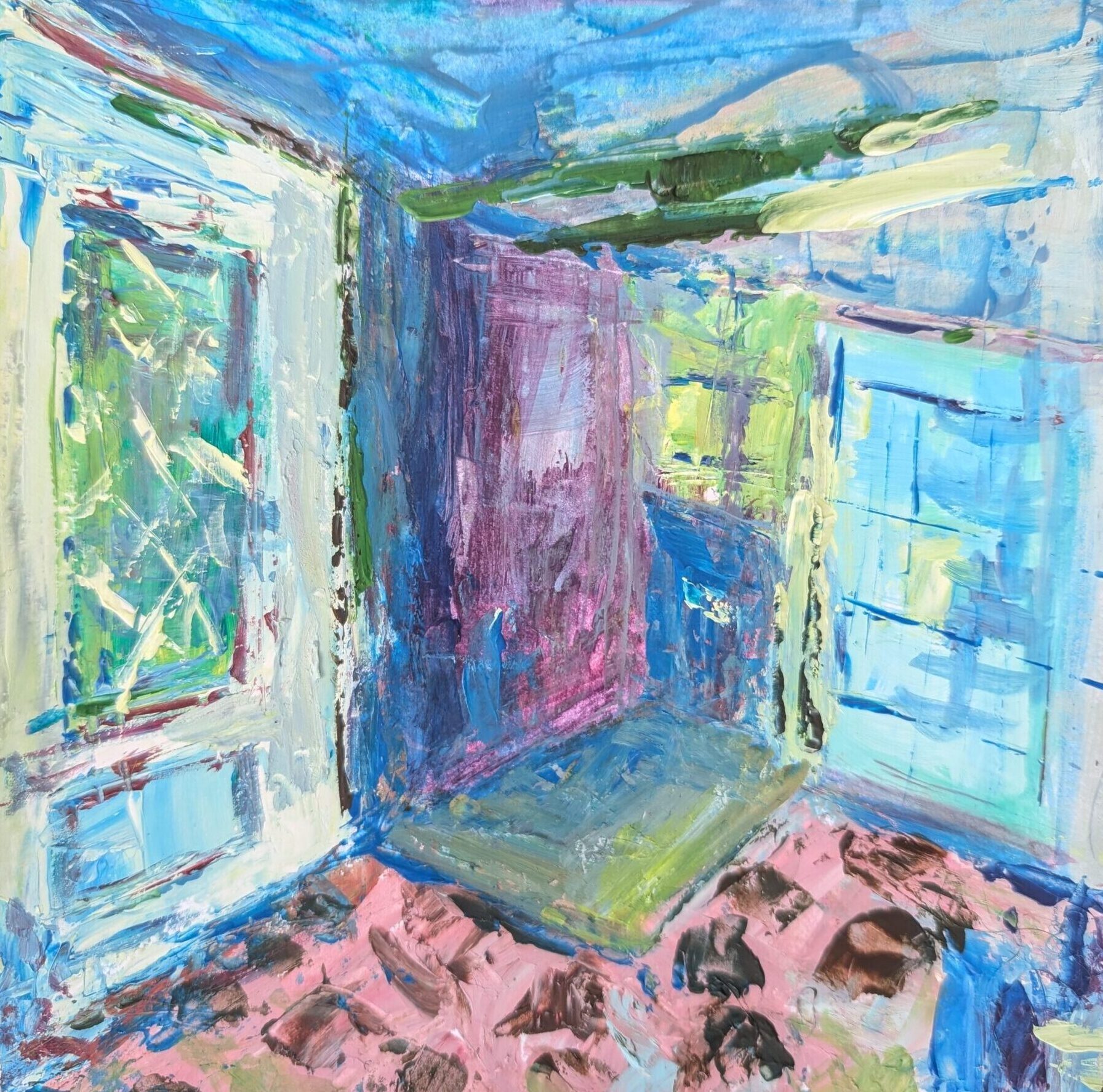 The green door. Budapest hotel art series. Colorful and expressive acryl painting with suspects as an open colorful door, pink floor, blue walls. By symbolic contemporary woman artist Lace Ruig. Alias Leonoor Ruigrok.