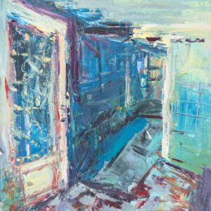 The green door. Painting. Colorful art series inspired by a Budapest story. By visua artist Leonoor Ruigrok. Suspects are a colorful door, green and blue walls.