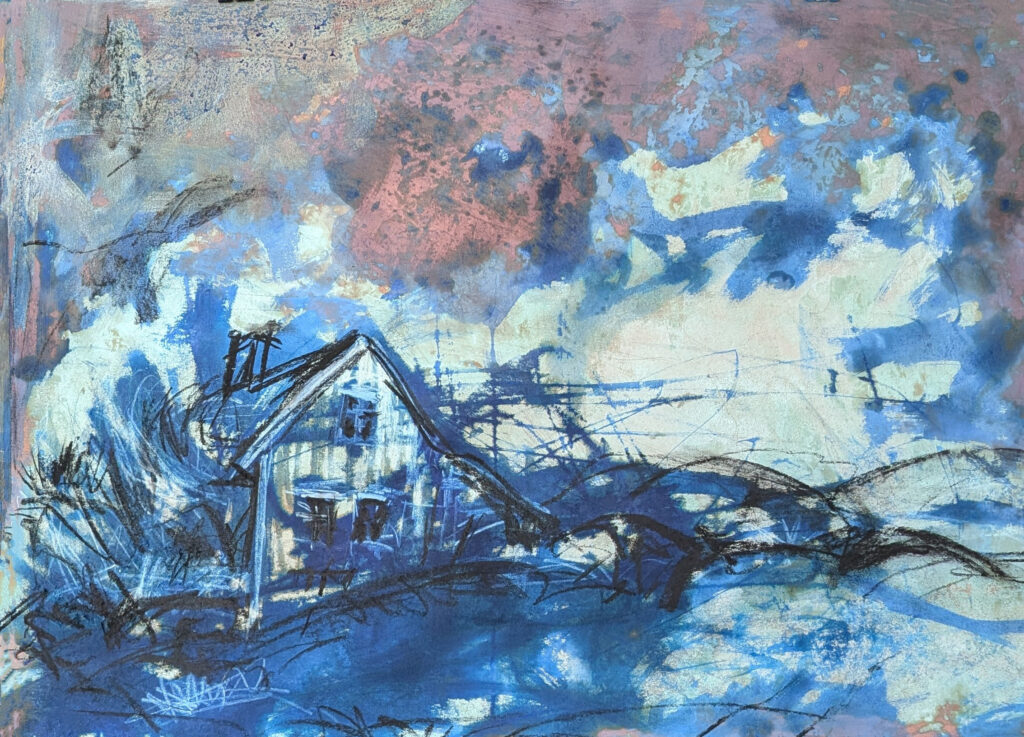 Mixedmedia artwork from artseries: Icelandic Houses. Title: Evening view. 100 x 70 cm