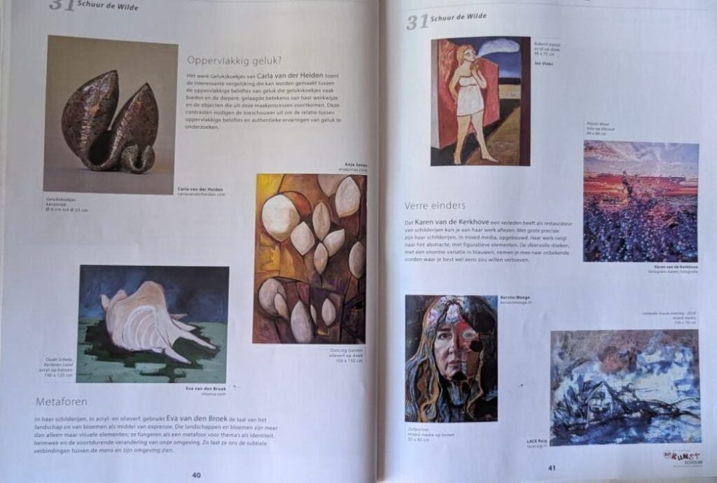 Kunstschouw 2025 pre press catalogus. About location 31 Schuur de Wilde at Brijdorpe. With images of work by various artist like LACE Ruig.