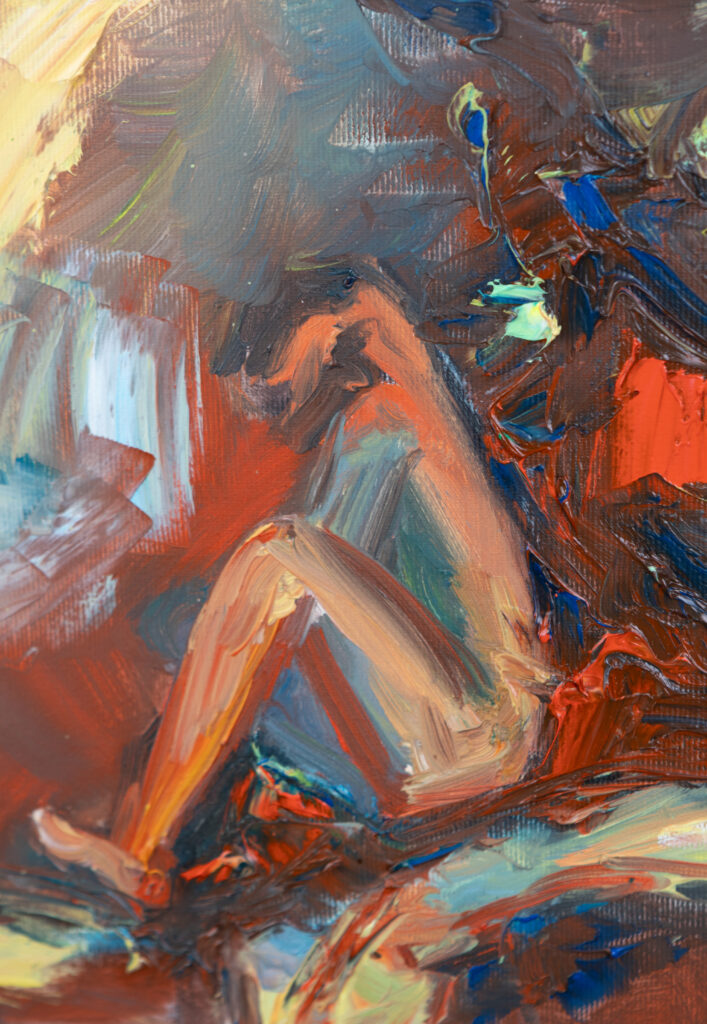 Detail of symbolic contemporary painting, layered surface and texture, Leonoor Ruigrok