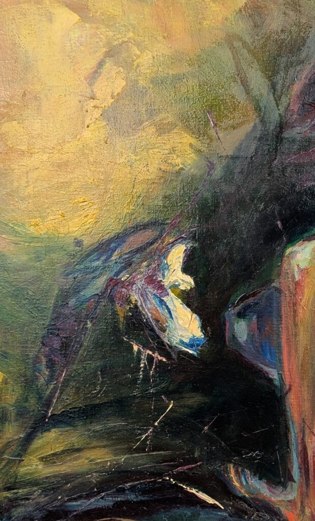 Close up, Promise of Spring, layered oil painting on canvas by Leonoor Ruigrok. Symbolic narrative, 2025.