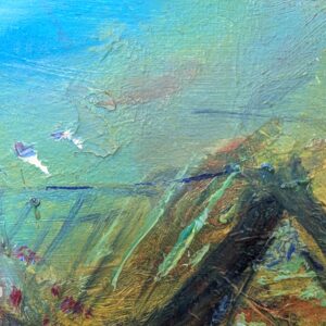 Close-up of Shelter painting by Leonoor Ruigrok, showing turquoise, green and earthy textured brushwork around a dark house-like form.