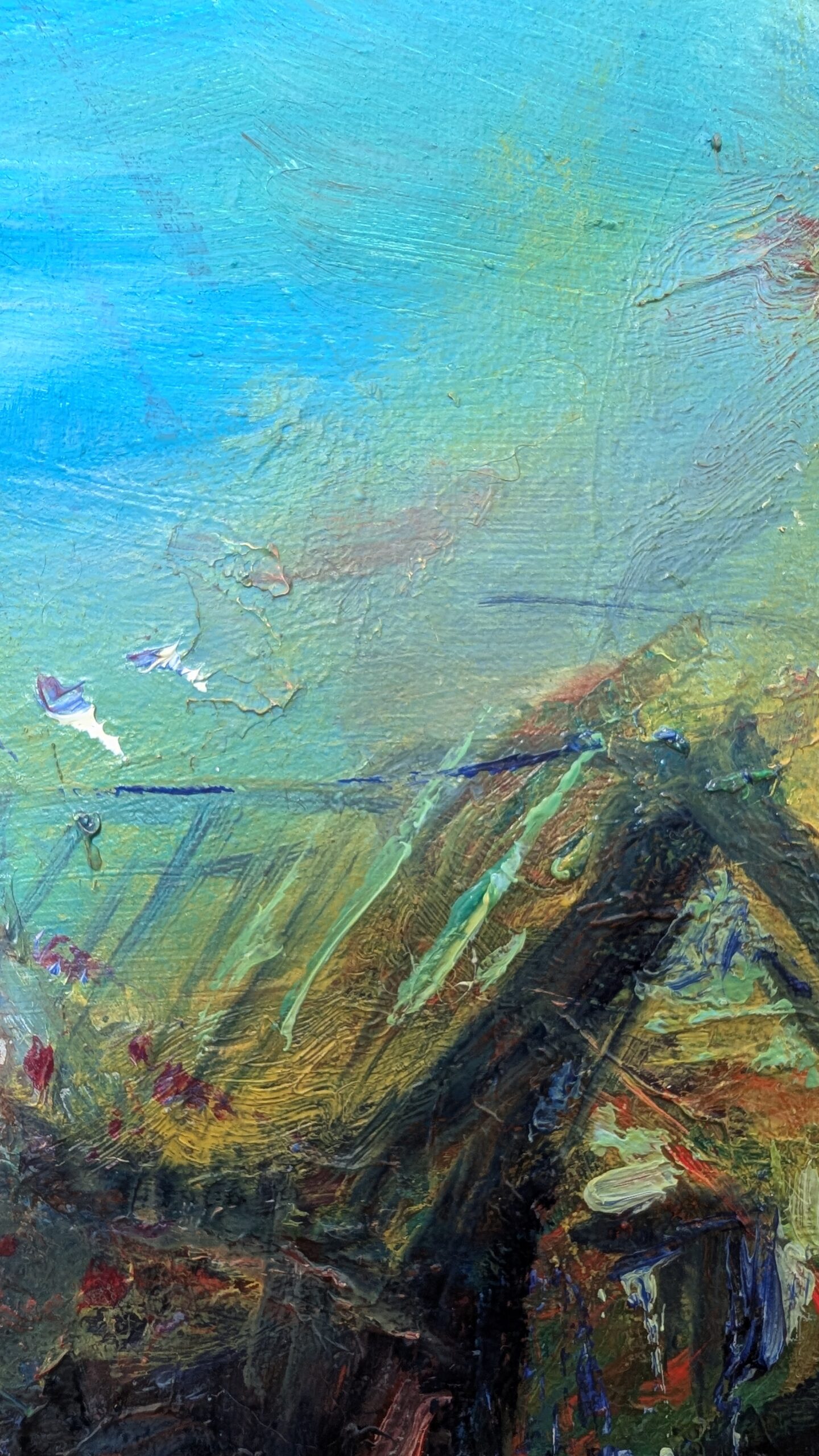 Close-up of Shelter painting by Leonoor Ruigrok, showing turquoise, green and earthy textured brushwork around a dark house-like form.