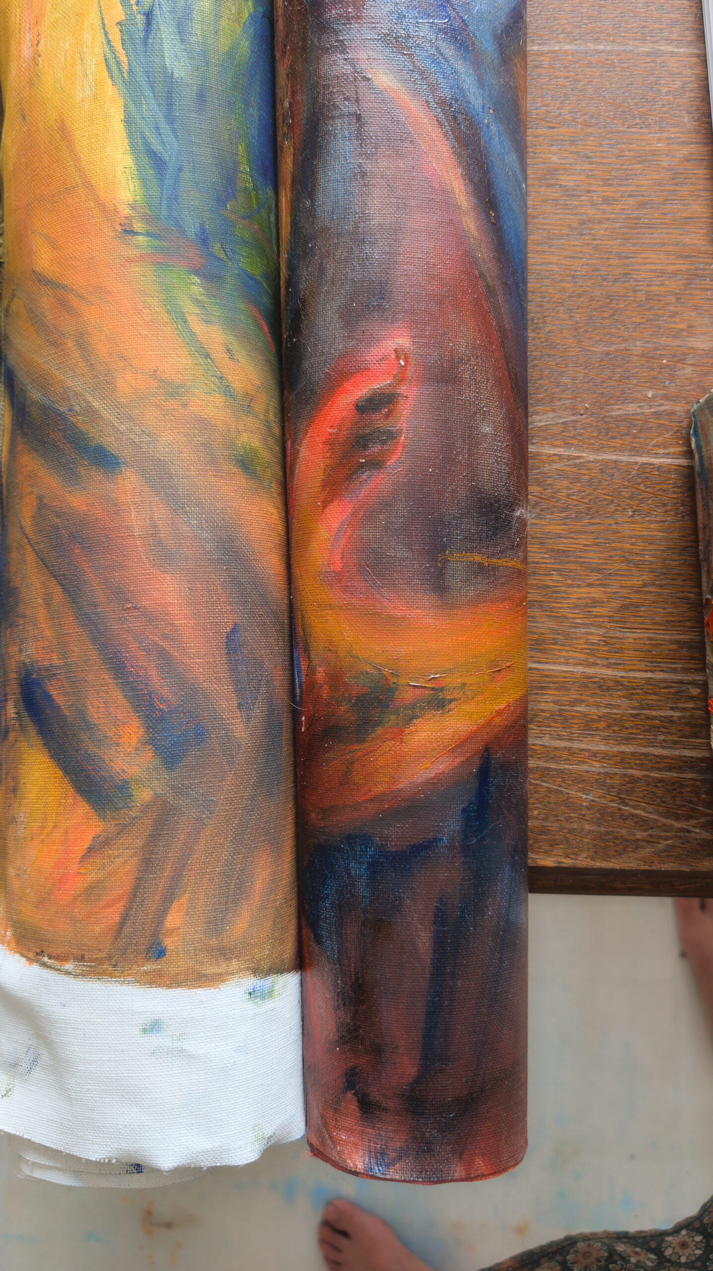 Painted canvas rolls in warm colors