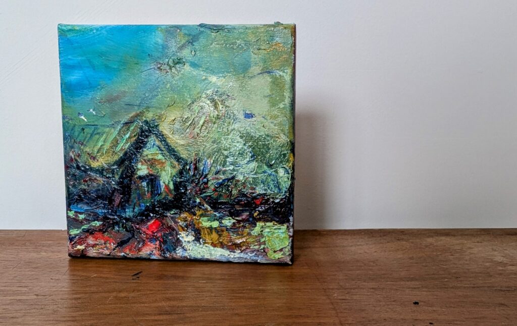 Small textured painting titled Shelter, with a dark house-like form in a turquoise, green and earthy abstract landscape.