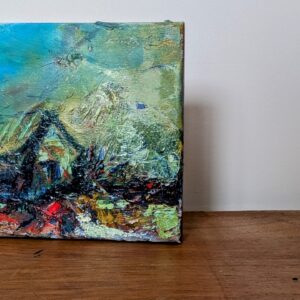 Small textured painting titled Shelter, with a dark house-like form in a turquoise, green and earthy abstract landscape.