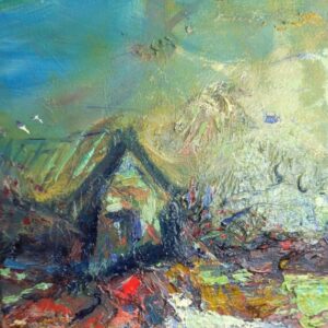 Expressive symbolic Icelandic house landscape painting. Green, light blue oil paint and red spot in the front. Leonoor Ruigrok - 2026