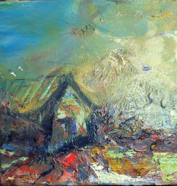 Expressive symbolic Icelandic house landscape painting. Green, light blue oil paint and red spot in the front. Leonoor Ruigrok - 2026