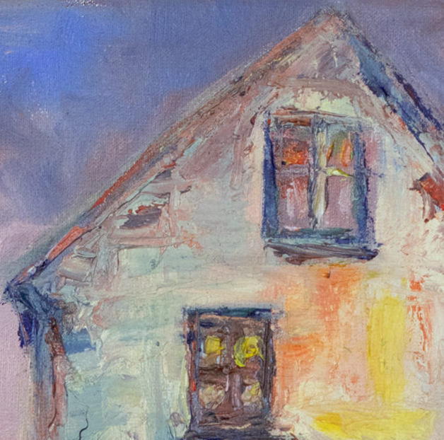 Painting detail by Leonoor Ruigrok showing a shelter-like roofline, layered colour and expressive brushwork.
