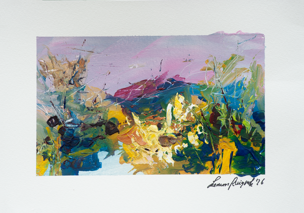 Colorful and wild happy landscape painting - strong handwriting and marks - acrylic on paper - 2026 - Leonoor Ruigro