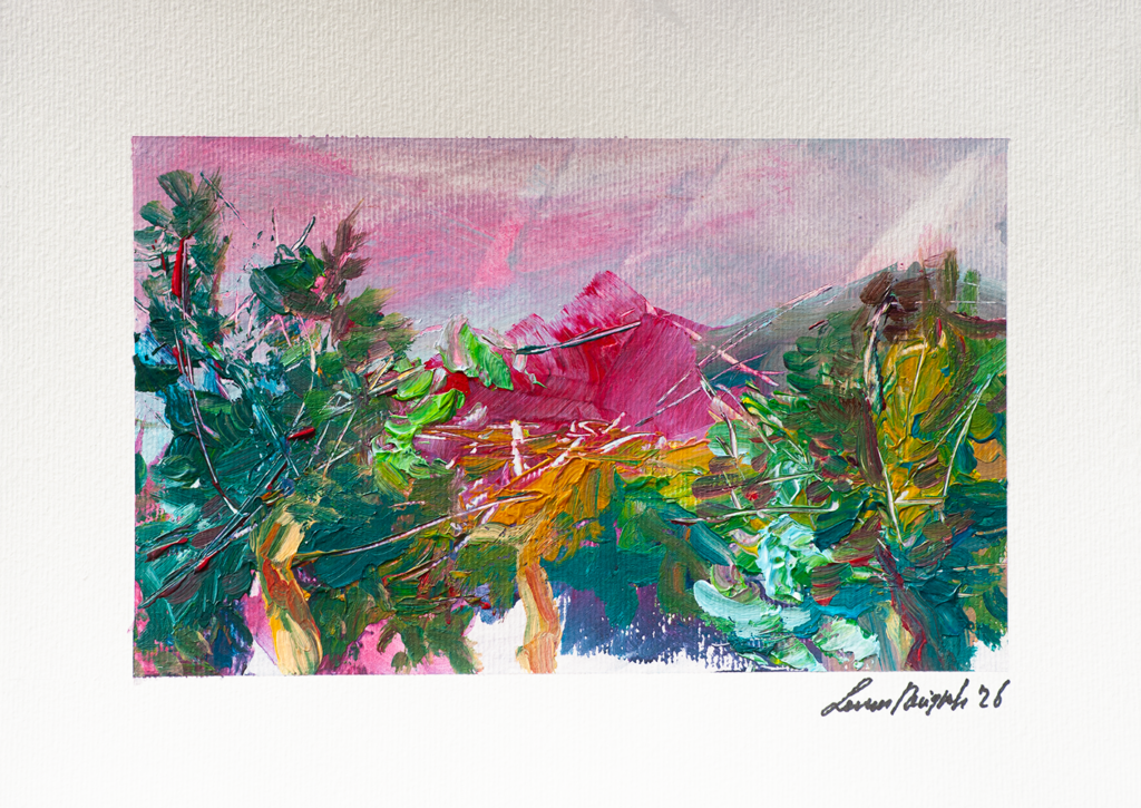 Wind is boss - Colorful and wild happy landscape painting - strong handwriting and marks - acrylic on paper - 2026 - Leonoor Ruigro