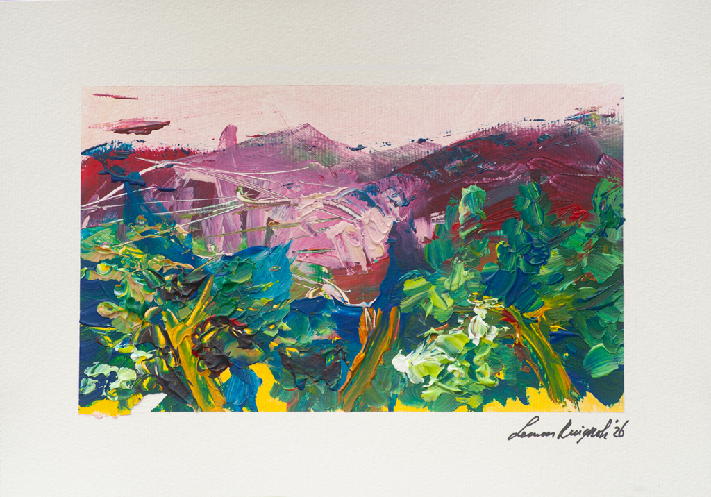 Colorful and energetic happy landscape painting - strong handwriting and marks - acrylic on paper - 2026 - Leonoor Ruigrok