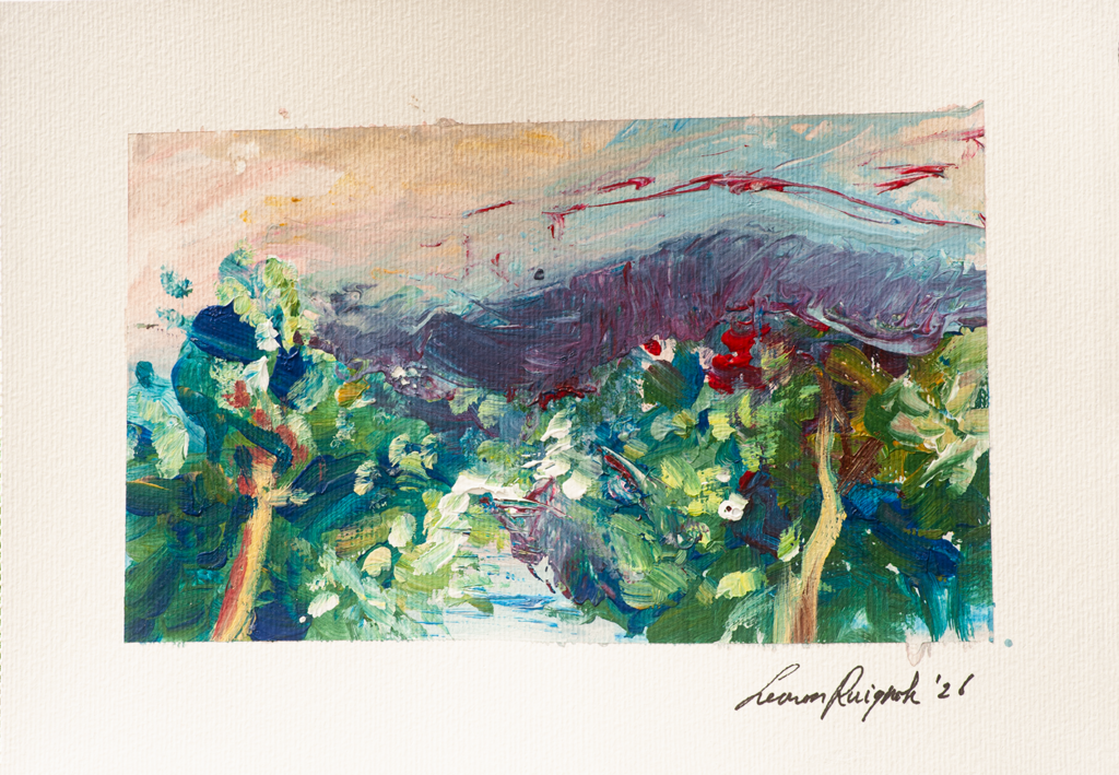Colorful and energetic happy landscape painting - strong handwriting and marks - acrylic on paper - 2026 - Leonoor Ruigrok