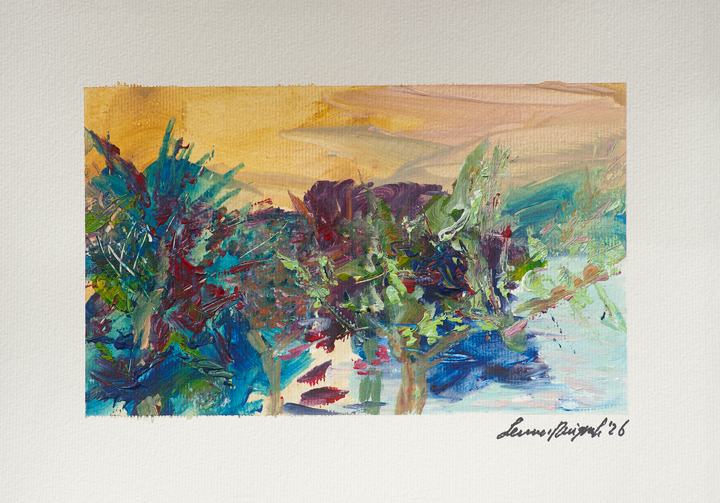 A Breeze over the Lake, colourful Lake Orta acrylic landscape in ochre, blue, aqua and green by Leonoor Ruigrok