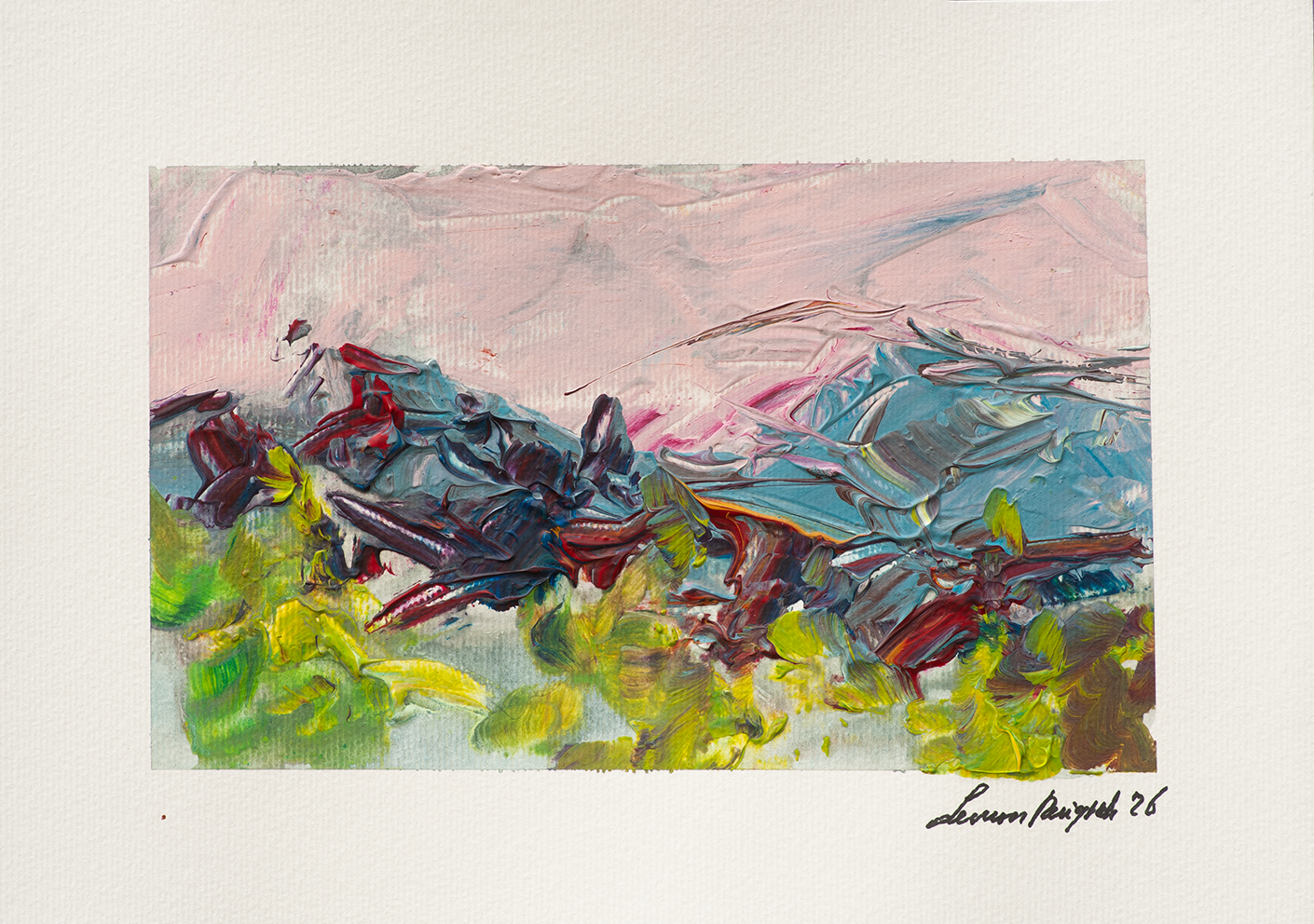 Waterdrops on My Grass, textured Lake Orta acrylic landscape in muted pink, blue-grey, green and red by Leonoor Ruigrok