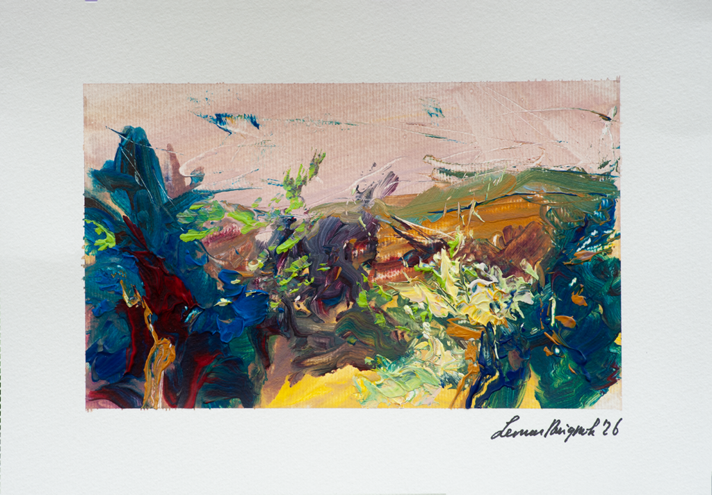 Late afternoon energy - Colorful and wild happy landscape painting - strong handwriting and marks - acrylic on paper - 2026 - Leonoor Ruigro