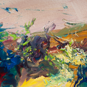 Late afternoon energy - Colorful and wild happy landscape painting - strong handwriting and marks - acrylic on paper - 2026 - Leonoor Ruigrok