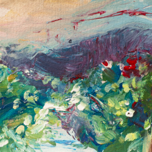 Colorful, liveliness and energetic happy landscape painting - strong handwriting and marks - acrylic on paper - 2026 - Leonoor Ruigrok