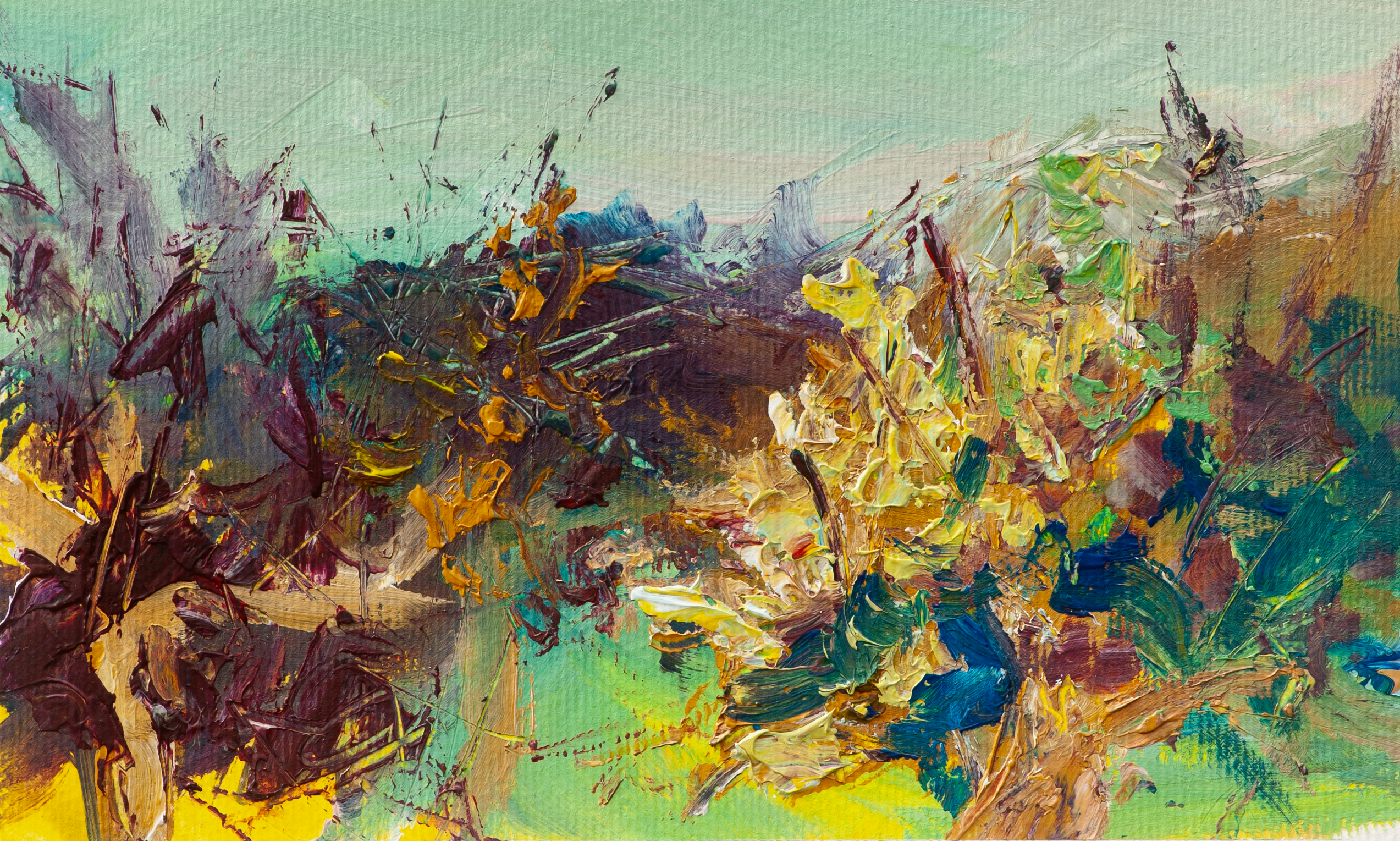 At the Lake Under Sunflakes, colourful Lake Orta acrylic landscape on paper by Leonoor Ruigrok