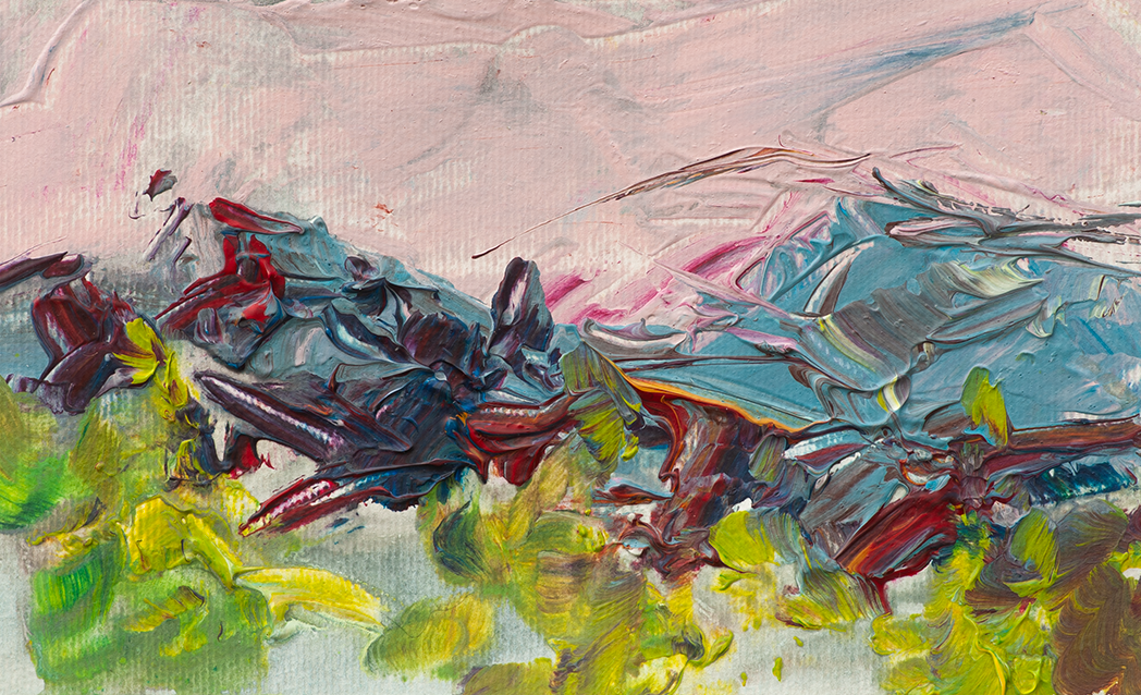 Waterdrops on My Grass, textured Lake Orta acrylic landscape in muted pink, blue-grey, green and red by Leonoor Ruigrok