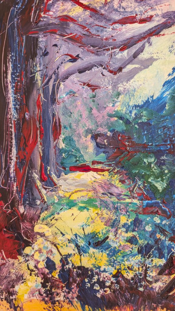 Into the woods, colorful expressive landscape painting - Red trees, blue, green and yellow nature Leonoor Ruigrok -2026
