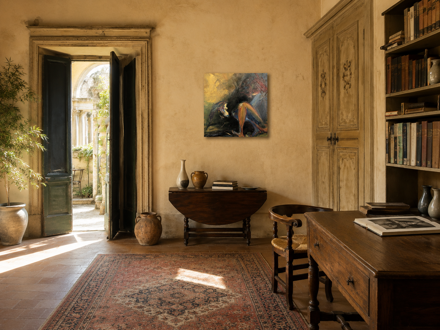 Promise of Spring, a 60 x 60 cm oil painting, shown in a wide vintage interior with warm daylight, antique furniture and ample wall space to illustrate scale and proportion.