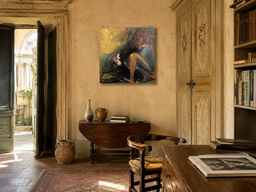 Promise of Spring, a 60 x 60 cm oil painting, shown in a warm vintage Italian interior with soft natural daylight and antique furniture.