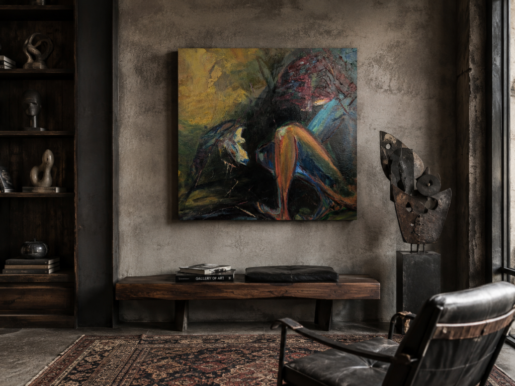 Promise of Spring, a 60 x 60 cm oil painting, shown against a dark textured wall in a contemporary artistic interior.