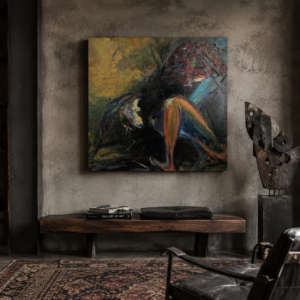 Promise of Spring, a 60 x 60 cm oil painting, shown against a dark textured wall in a contemporary artistic interior.