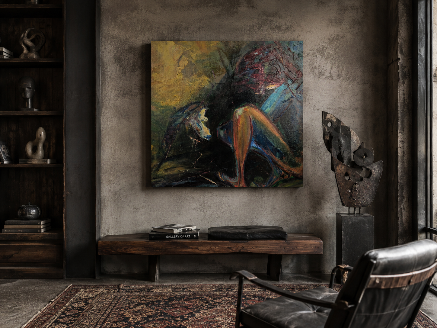 Promise of Spring, a 60 x 60 cm oil painting, shown against a dark textured wall in a contemporary artistic interior.