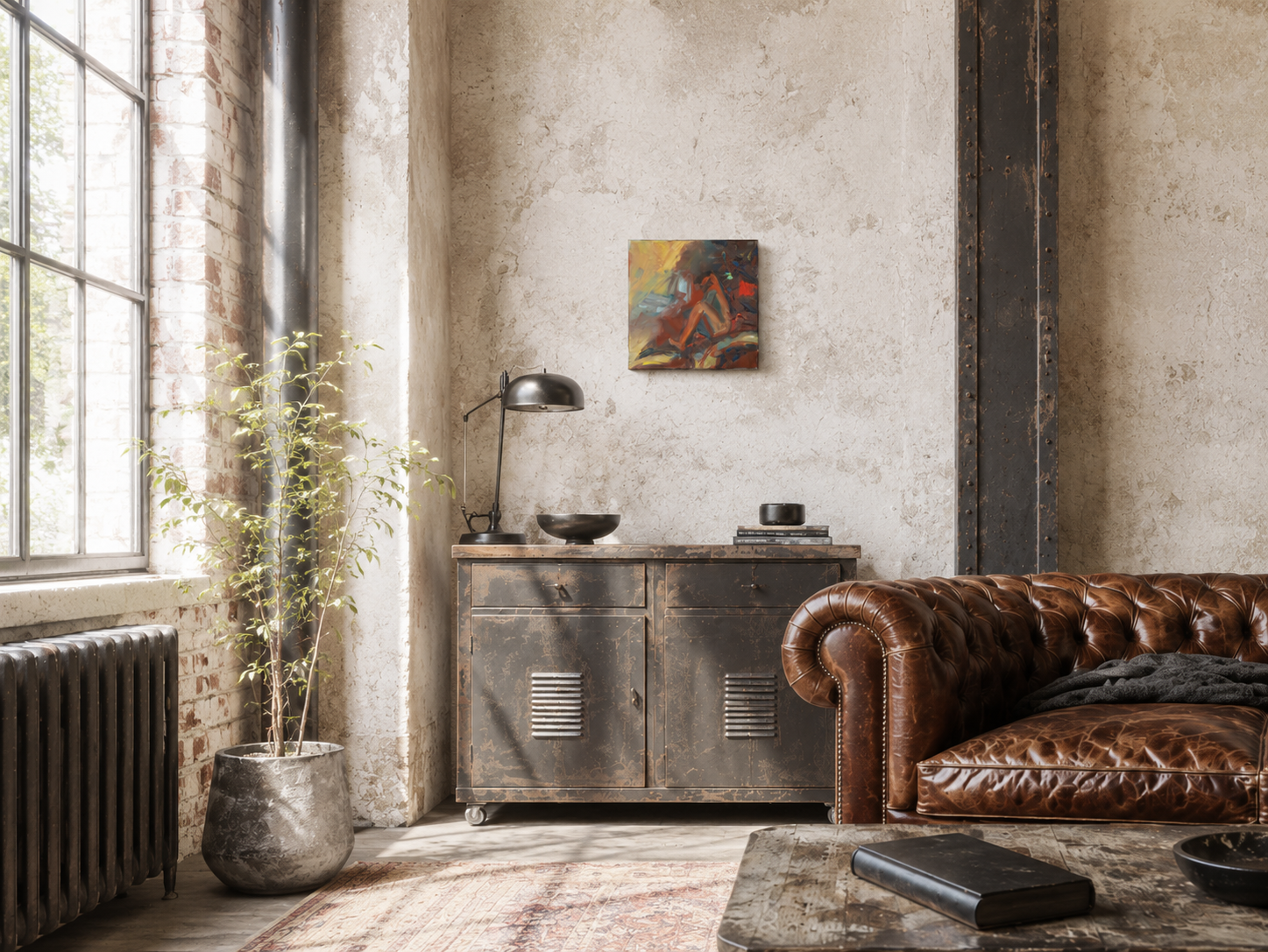 Artist impression of a small original painting displayed in a light industrial interior with a textured wall, steel details and natural daylight.