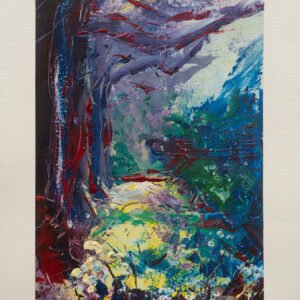 Into the woods - acrylic painting on paper - Red trees, yellow flower path with green and blue leaves. Wild and dynamic brush strokes