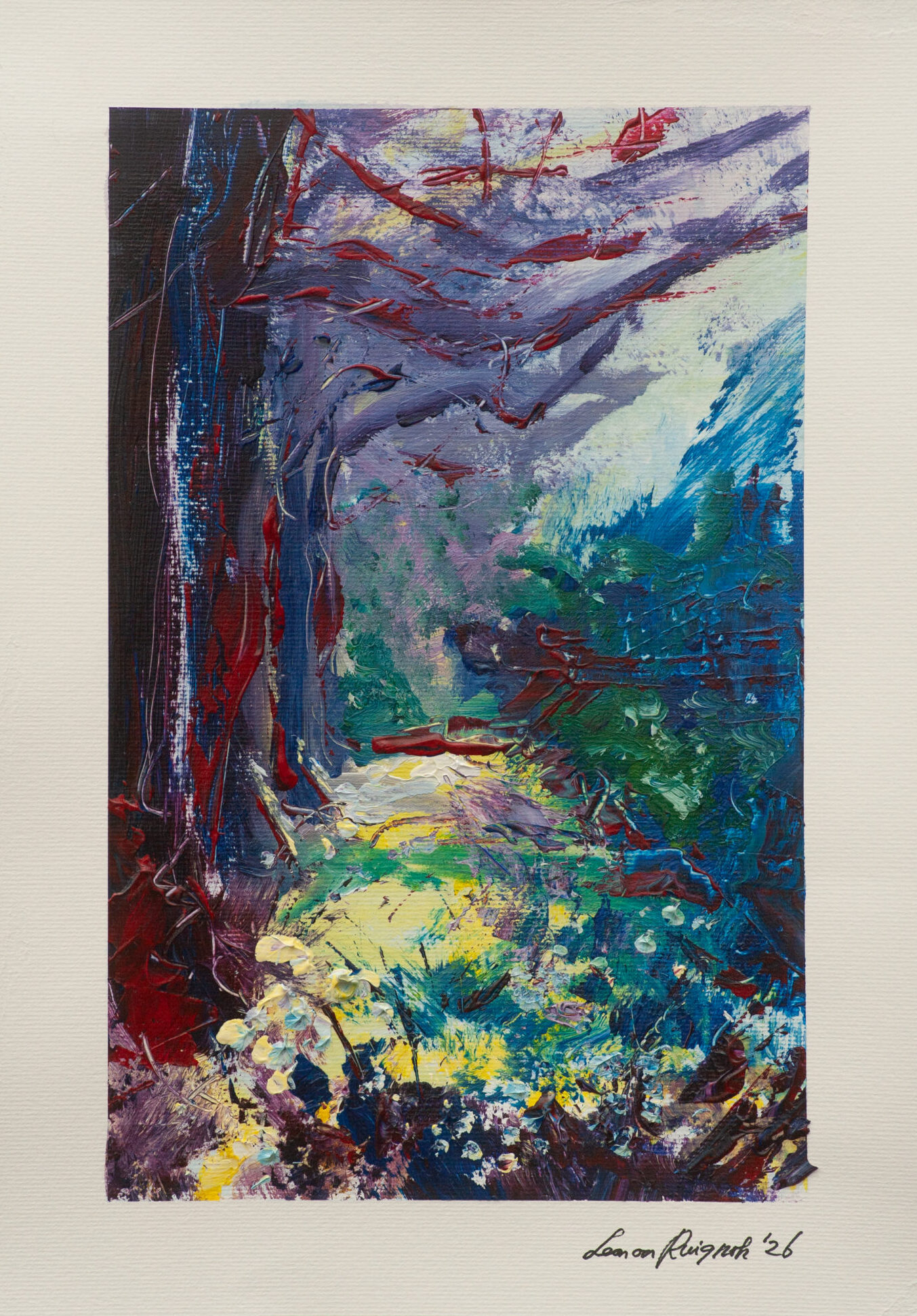 Into the woods - acrylic painting on paper - Red trees, yellow flower path with green and blue leaves. Wild and dynamic brush strokes