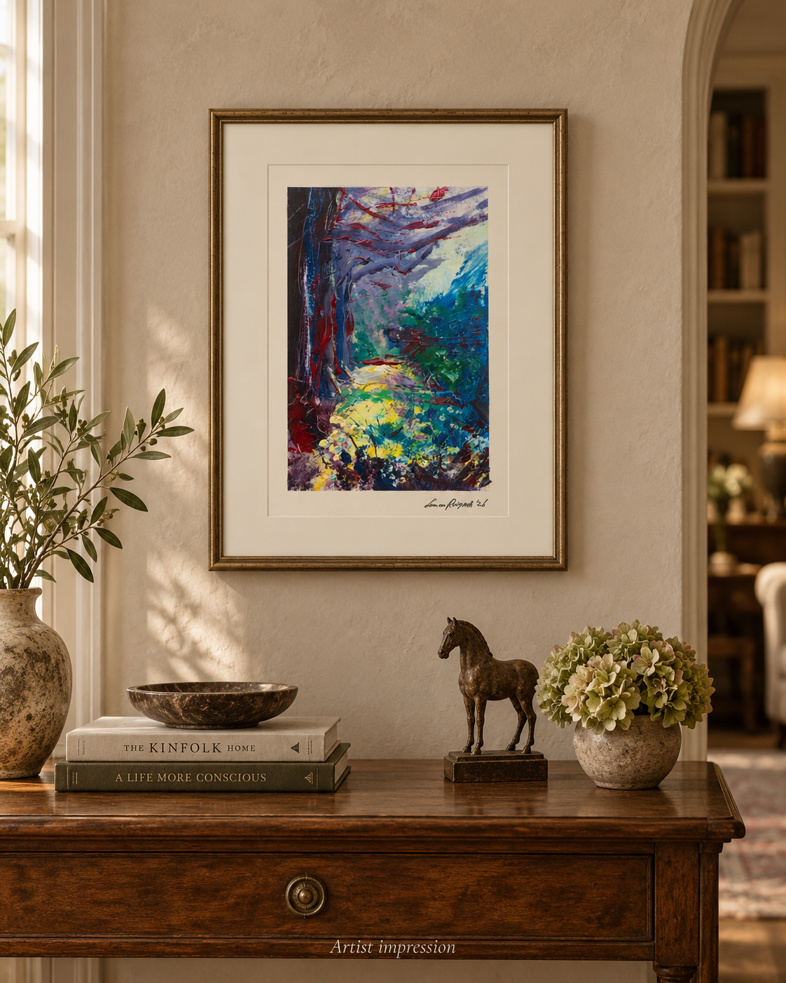 Into the woods painting artist impression. Painting in home situation.