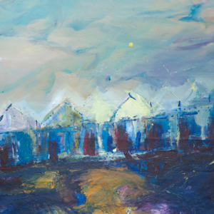 Licht op het land, painting by Leonoor Ruigrok depicting greenhouses and rough bulb fields beneath a luminous blue sky
