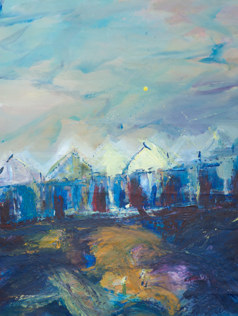 Licht op het land, painting by Leonoor Ruigrok depicting greenhouses and rough bulb fields beneath a luminous blue sky