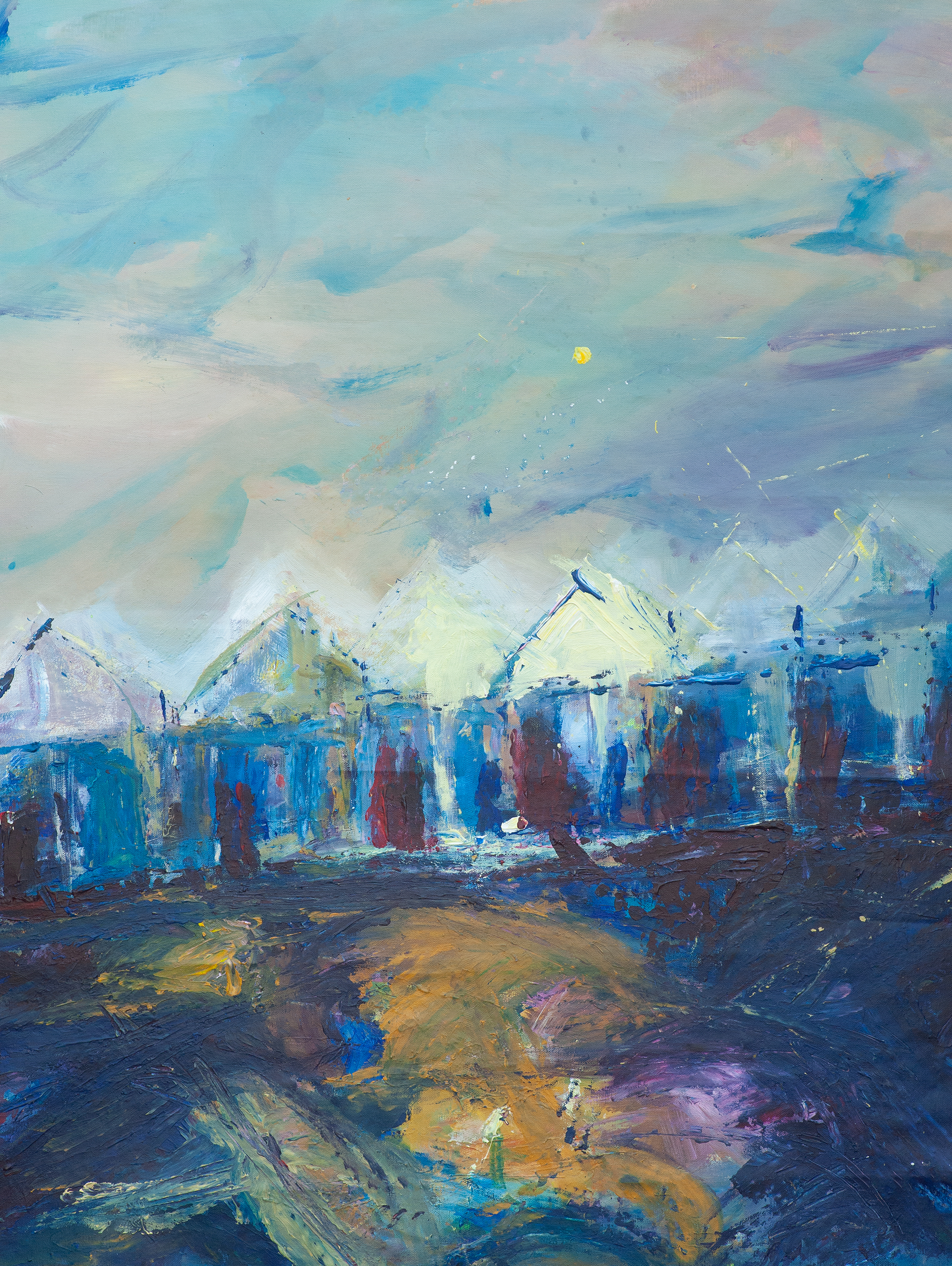 Licht op het land, painting by Leonoor Ruigrok depicting greenhouses and rough bulb fields beneath a luminous blue sky